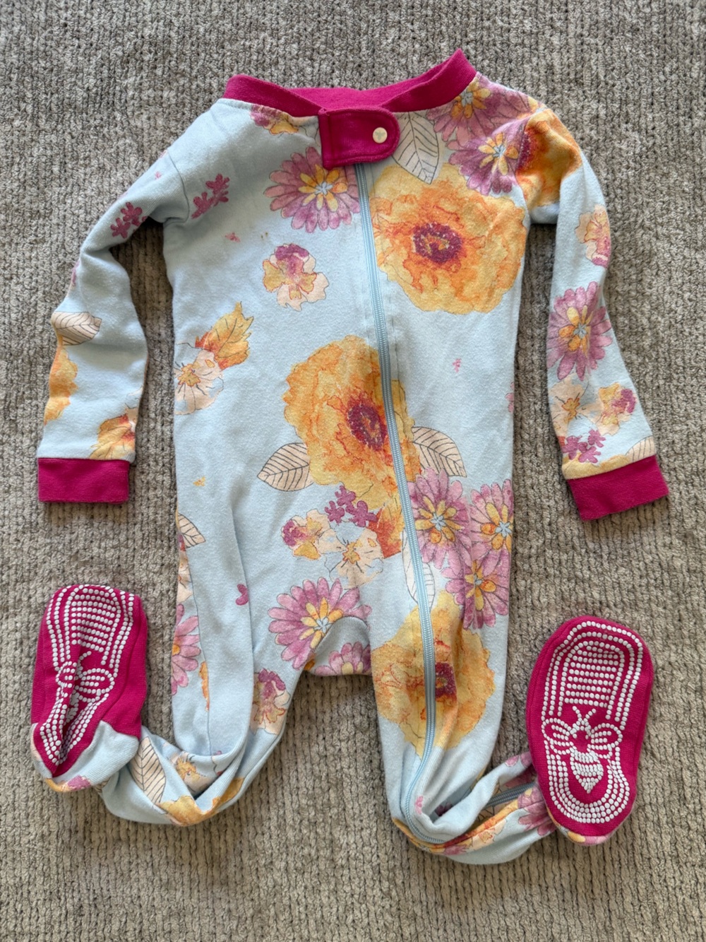 Burt’s Bees Baby Floral Footie Pajamas 12M Organic Cotton Pink Blue Flowers